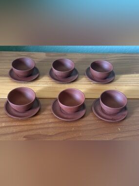 Set of 6 Chinese Yixing Style Purple Clay Tea Cups & Saucers Maker Mark